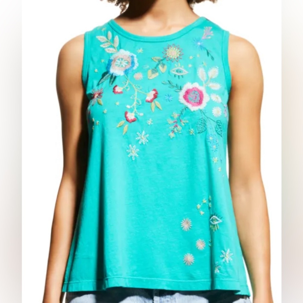 NWT Johnny Was Martine Floral-Embroidered Cotton Knit Tank in teal XXL